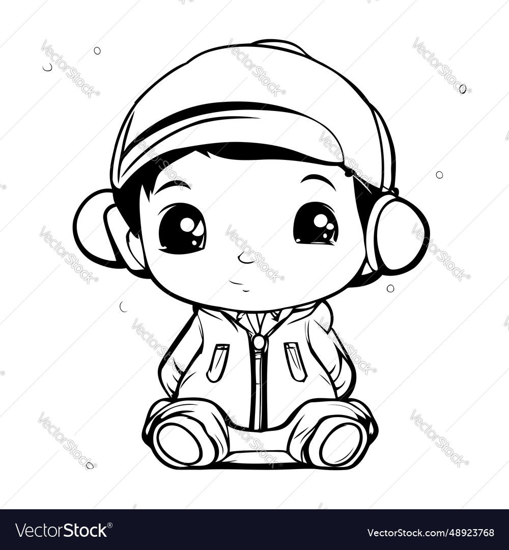 Black and white cartoon of cute baby boy