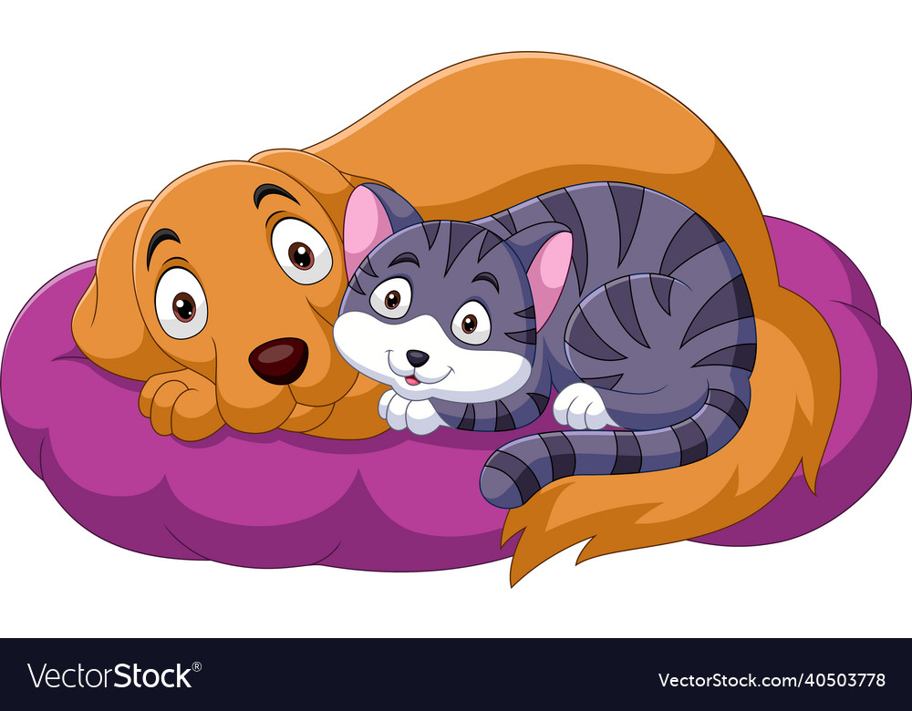 Cartoon cat and dog relaxing on pillow