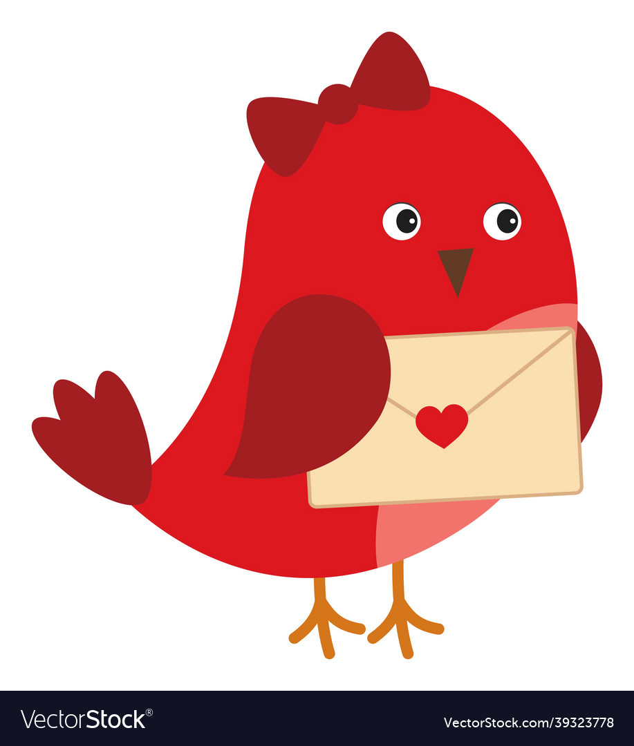 Cute red bird with bow holding love letter