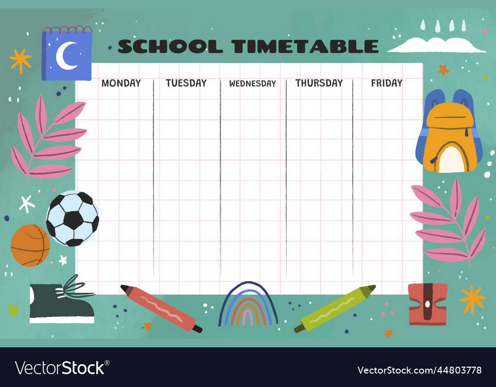 Hand drawn back school design timetable template Vector Image