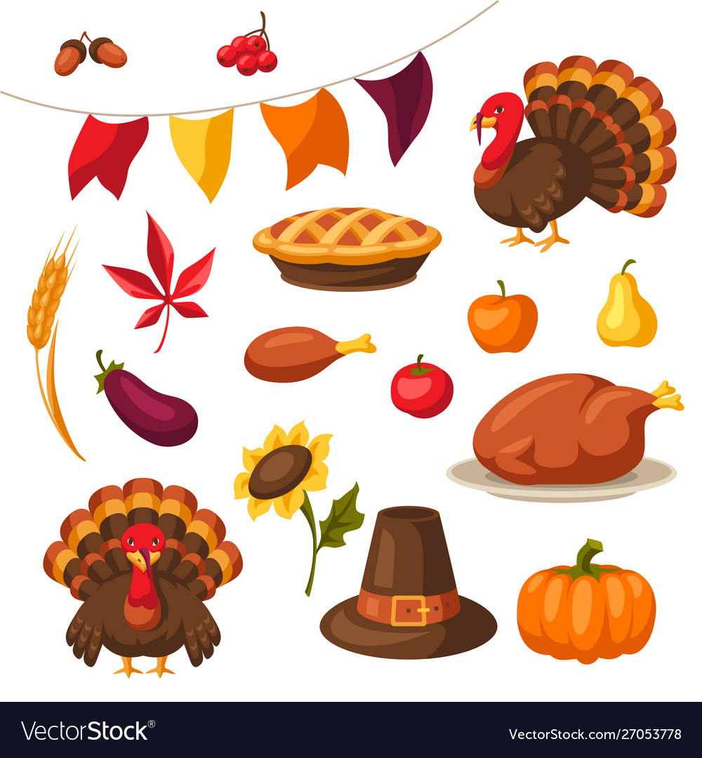 Set happy thanksgiving day objects and icons Vector Image