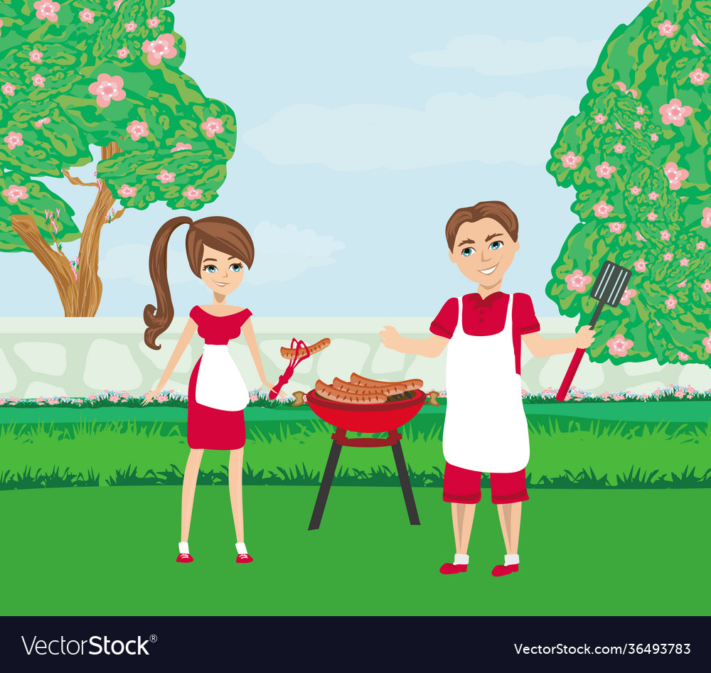 Smiling man and woman cooking barbecue Royalty Free Vector