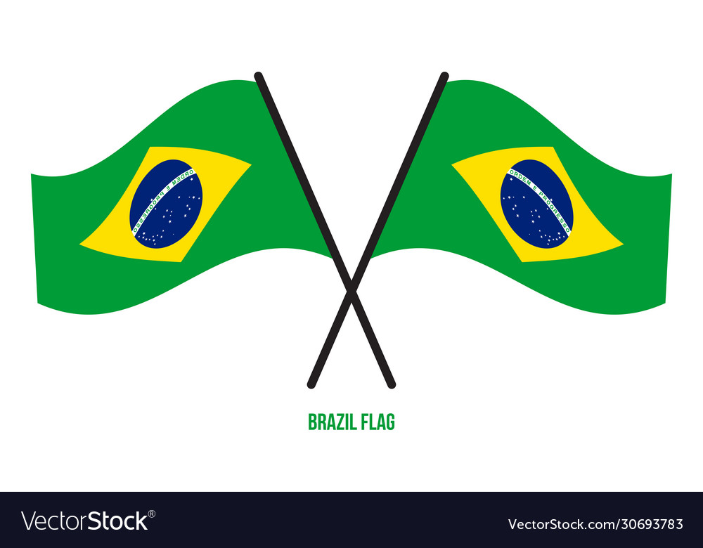 Two crossed waving brazil flag on isolated white