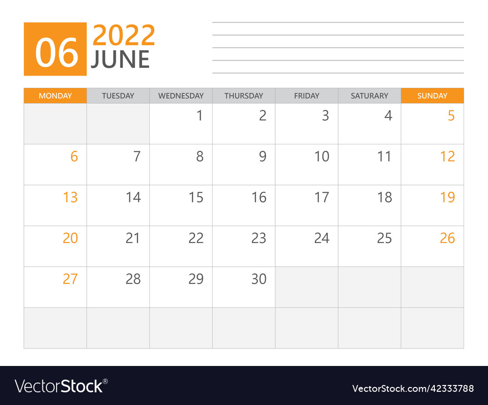 June 2022 template-calendar planner Royalty Free Vector