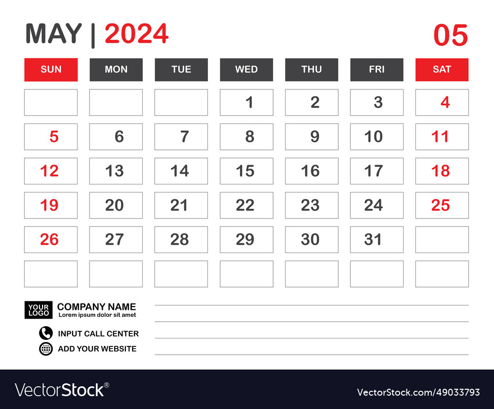 Calendar 2024 template may layout desk Royalty Free Vector