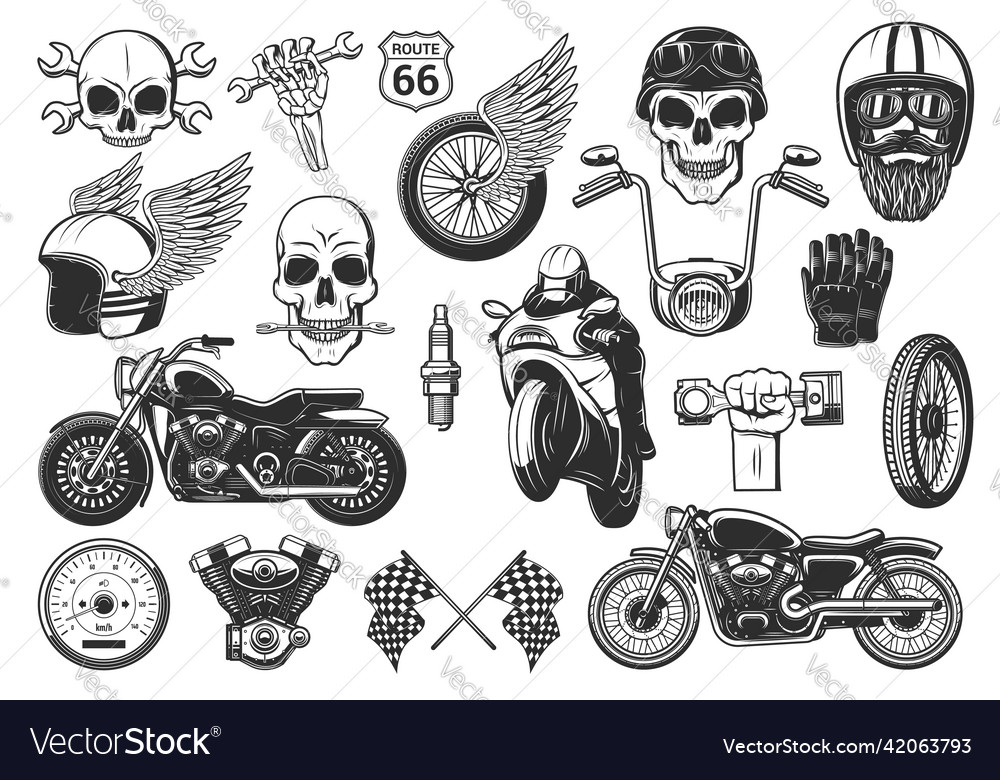 Motorcycle riding and racing engraved icons set Vector Image