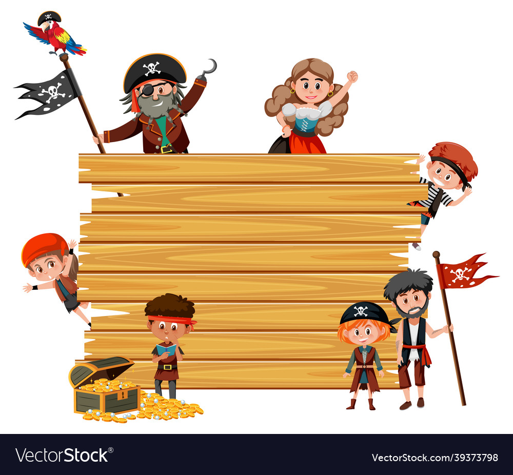 Empty wooden board with many pirate kids cartoon