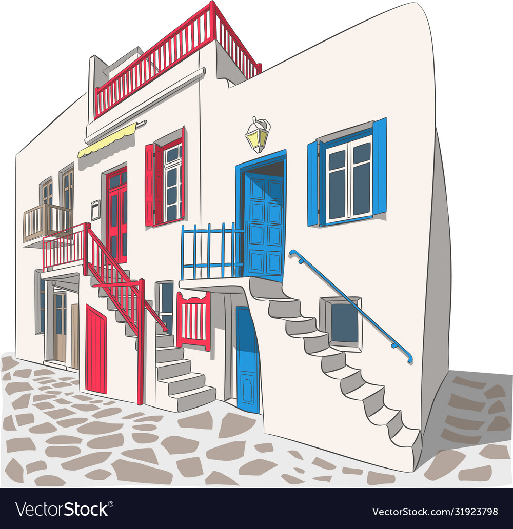 Traditional white greek house with blue shutters