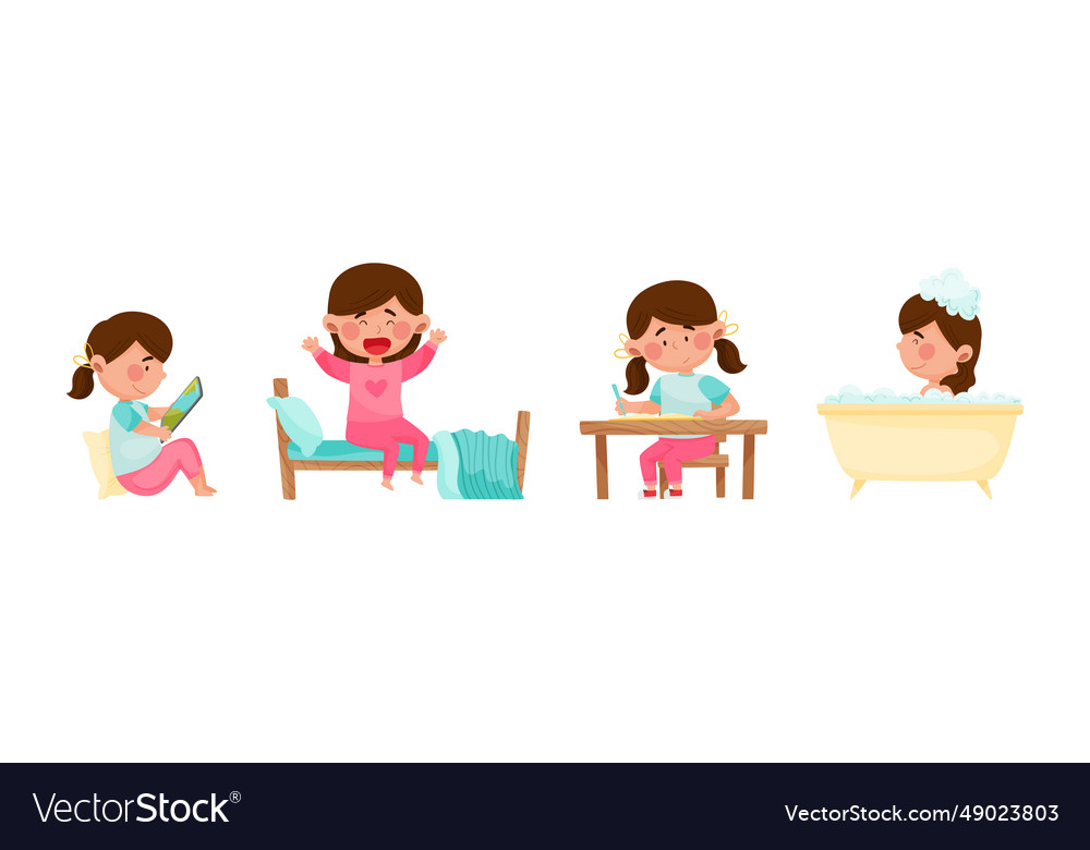 Cute girl character engaged in daily routine Vector Image