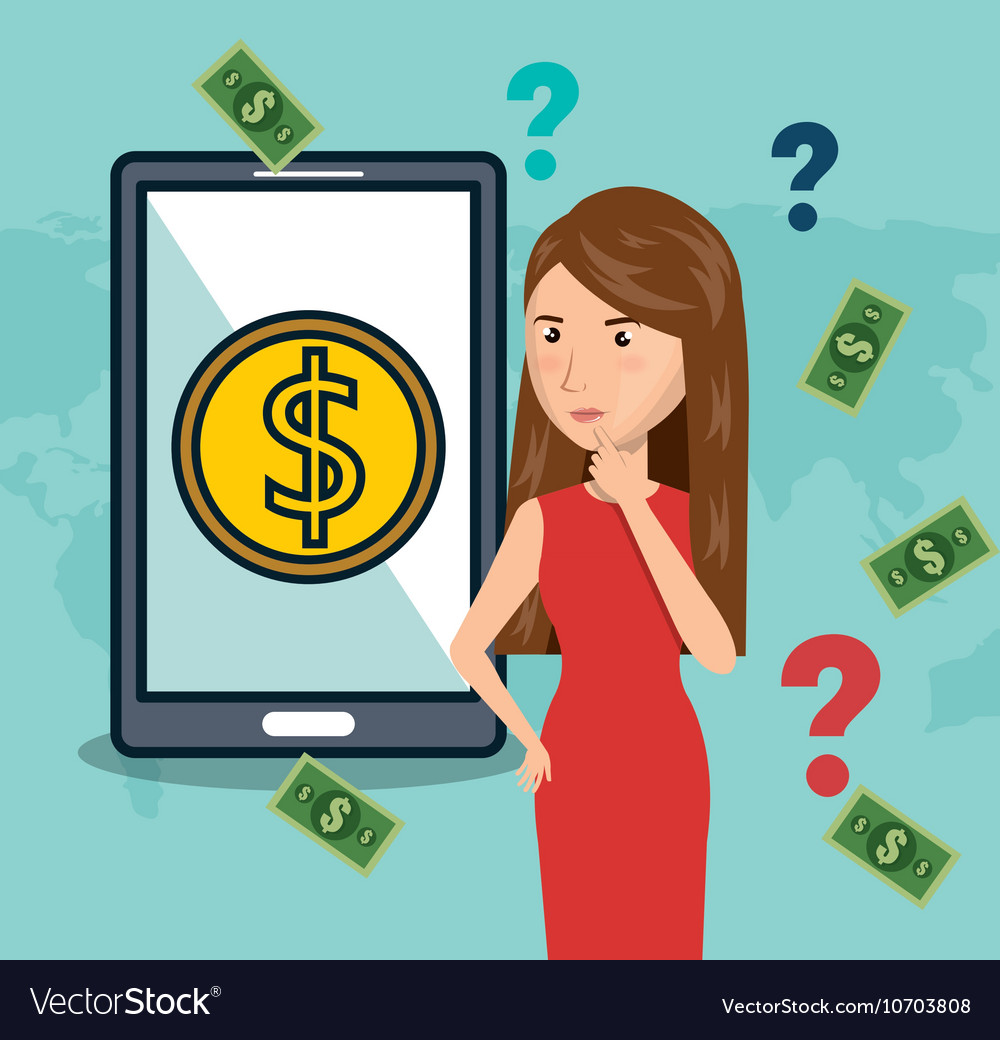 Cartoon woman smartphone money e-commerce isolated