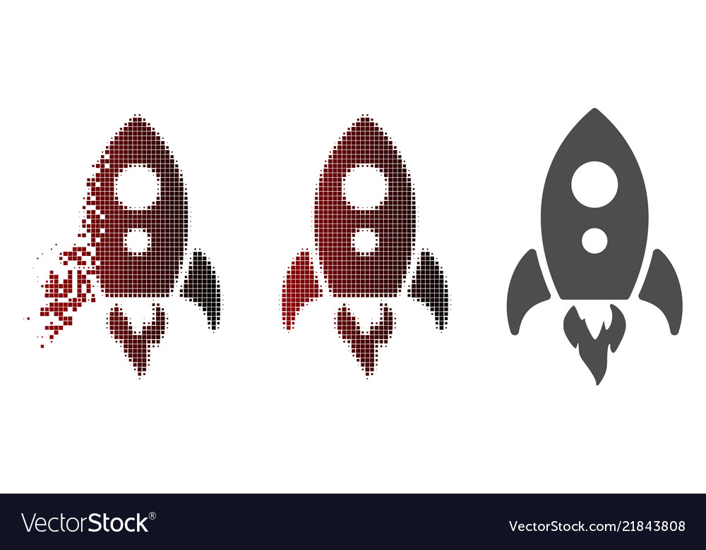 Fragmentiertes pixeliertes Halfton-Start-Rocket-Symbol