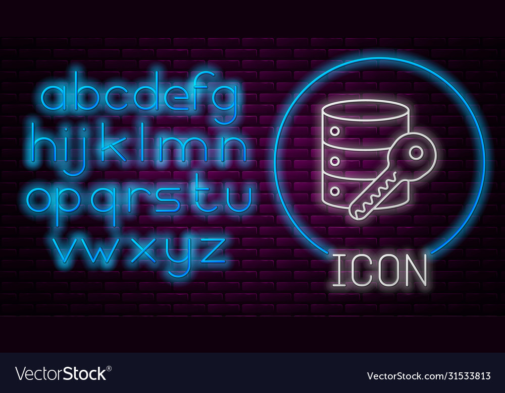 Glowing neon line server security with key icon