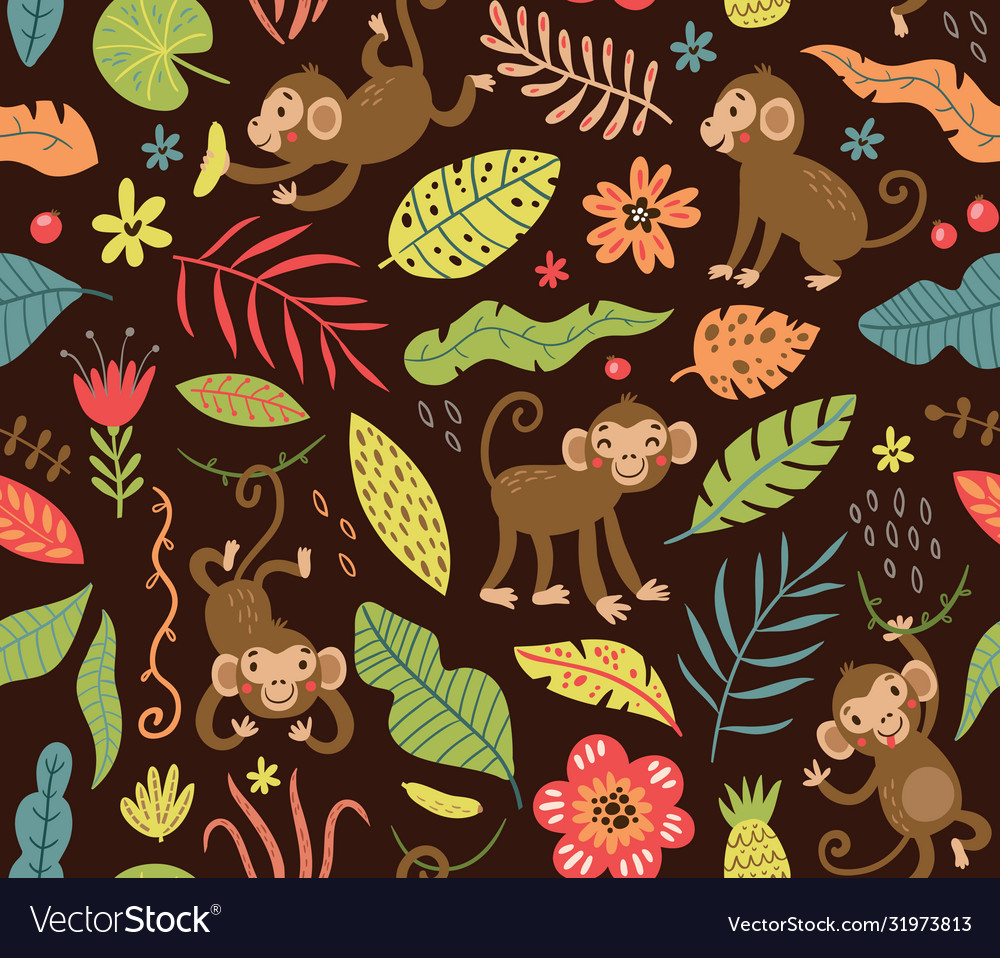 Seamless pattern with cute monkeys in jungle vector image Seamless pattern with cute monkeys in jungle