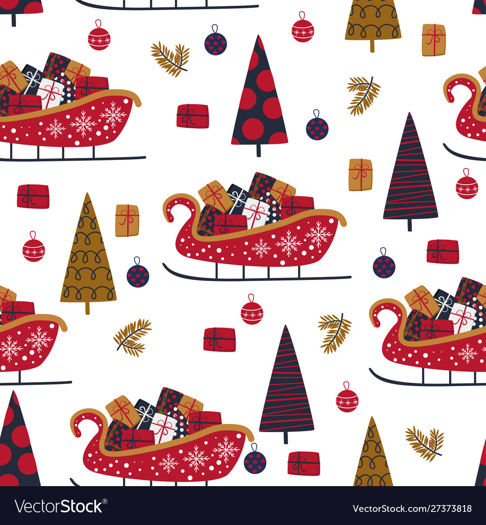 Seamless pattern with sleigh and gifts