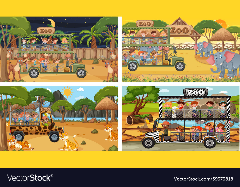 Set of different animals in safari scenes