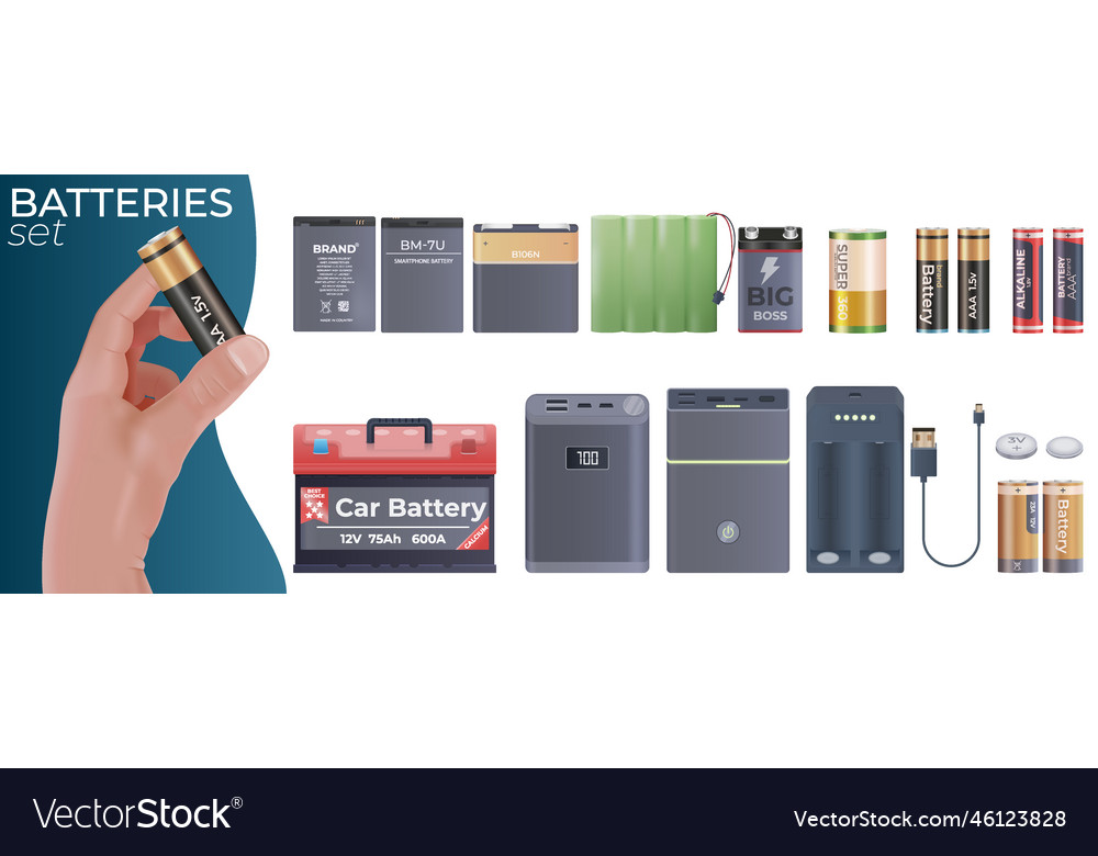 Batteries accumulators realistic set Royalty Free Vector