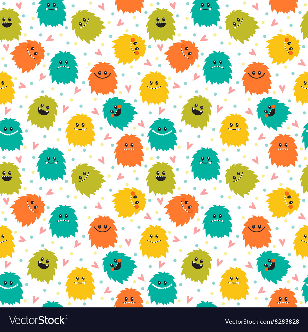 Cute seamless pattern with cartoon smiley monsters