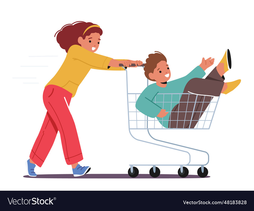 Joyful kids riding supermarket trolley laughing