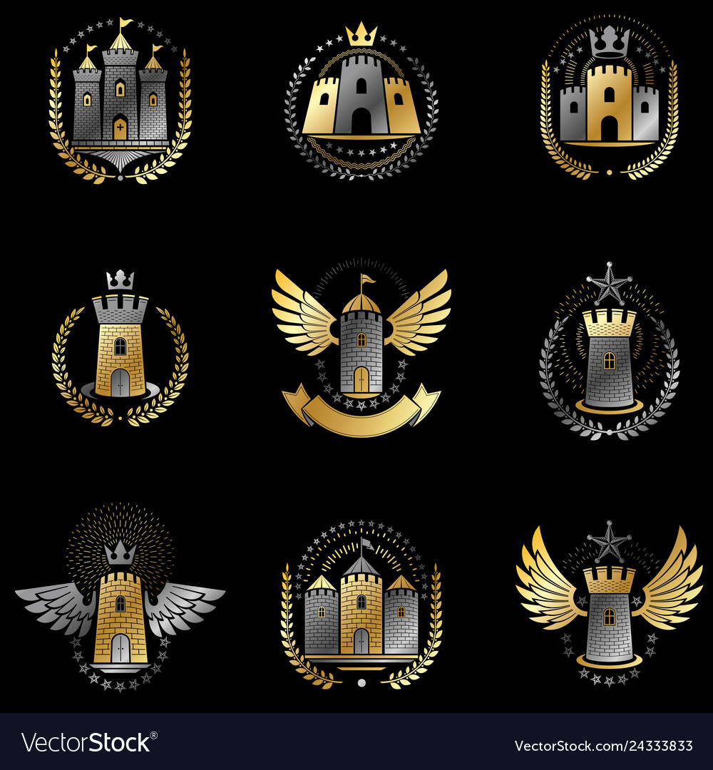 ancient-castles-emblems-set-heraldic-coat-of-arms-vector-image