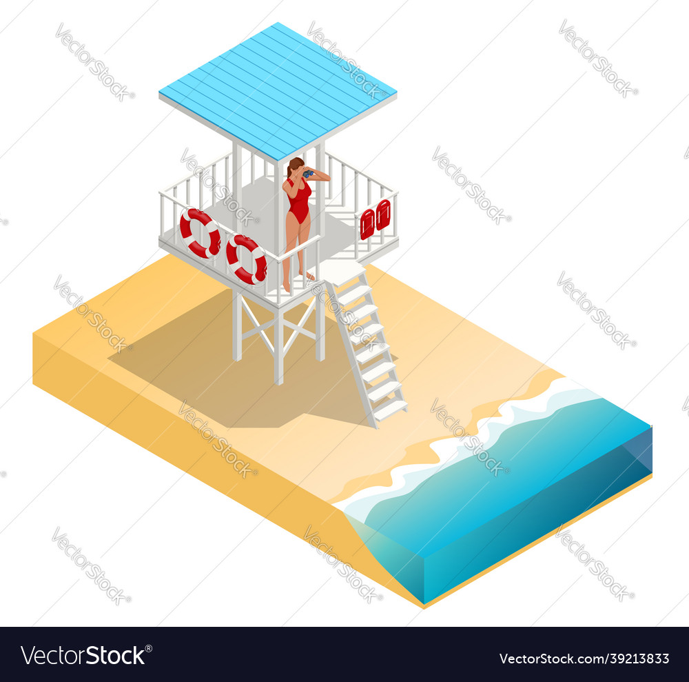 Isometric Watchtower On A Sandy Beach Lifeguard Vector Image