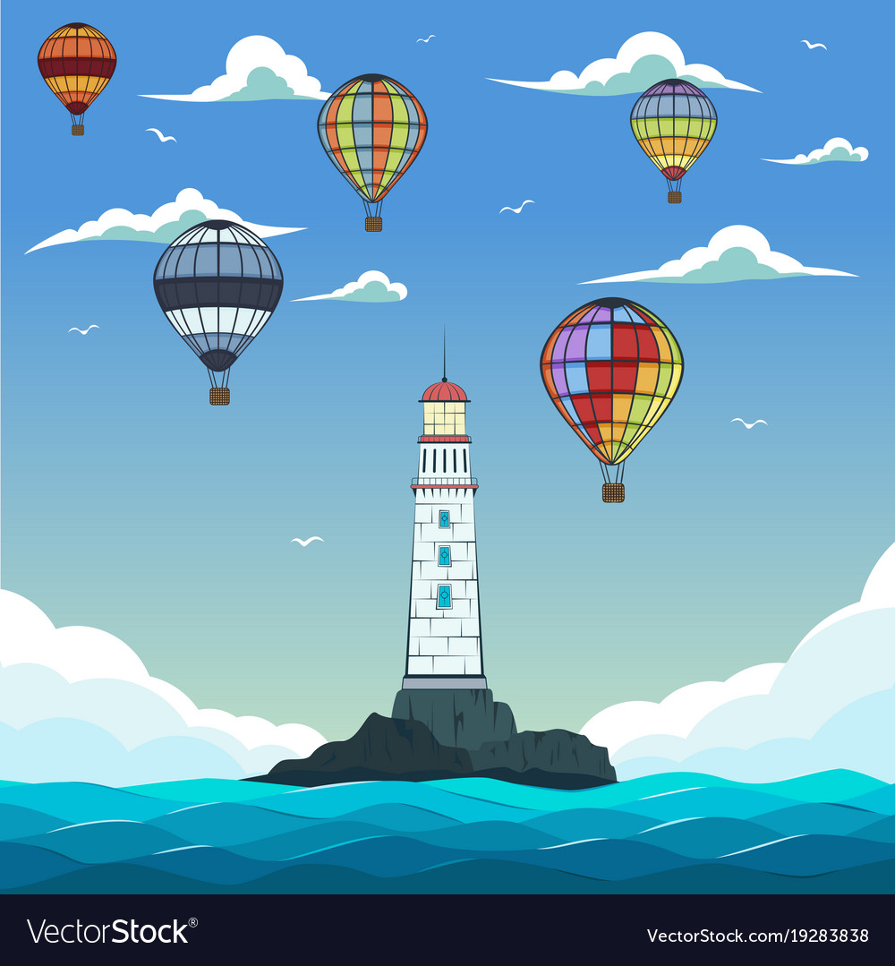Blue Sea With Hot Air Balloons And Lighthouse