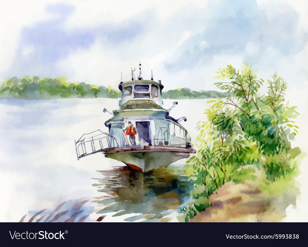 Watercolor Boat On River Water Royalty Free Vector Image
