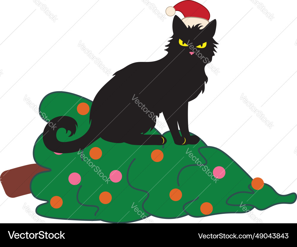 Black cat knocks down christmas tree Royalty Free Vector