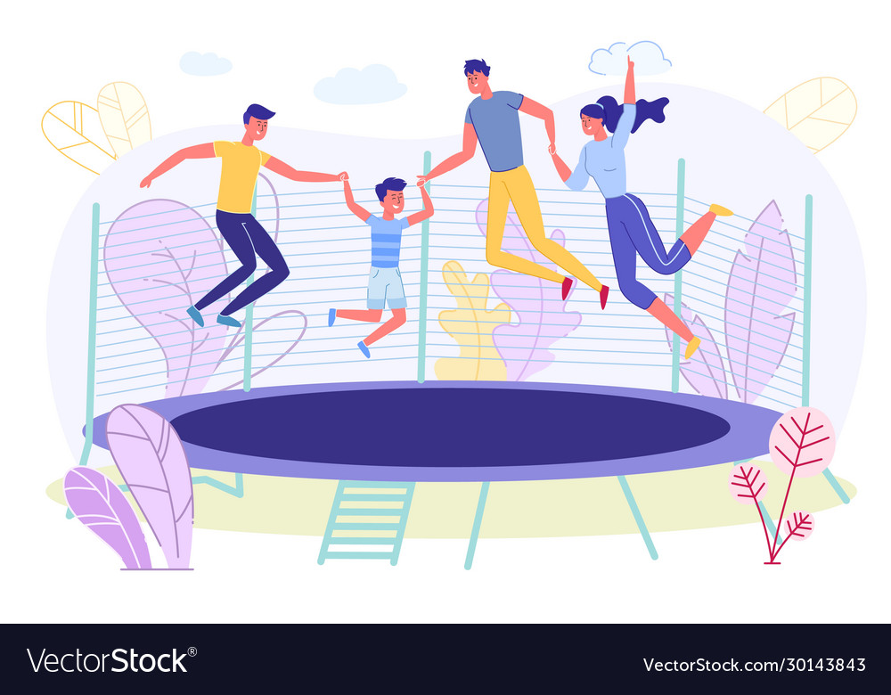 Happy family jumping on trampoline rest together