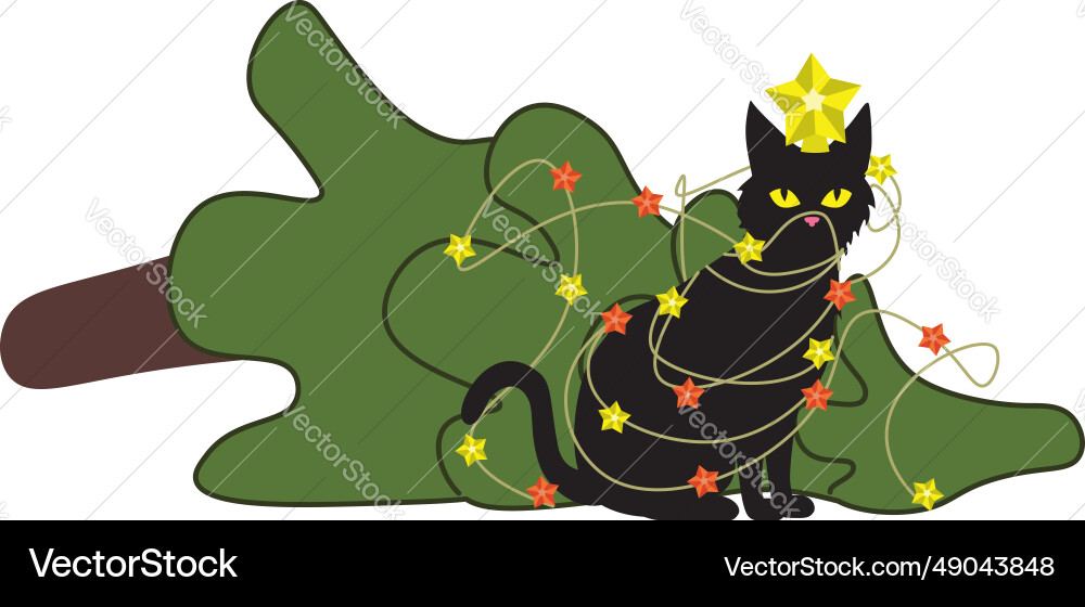 Black cat knocks down christmas tree Royalty Free Vector