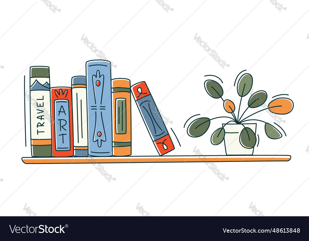 Doodle colourful bookshelf with books and home Vector Image