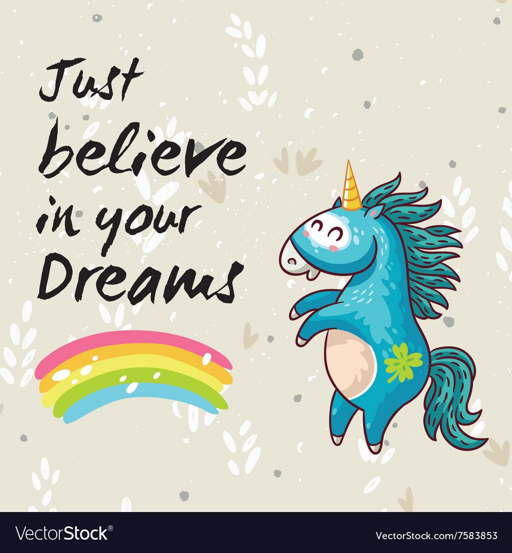 Dreams card with cute unicorn cartoon Royalty Free Vector