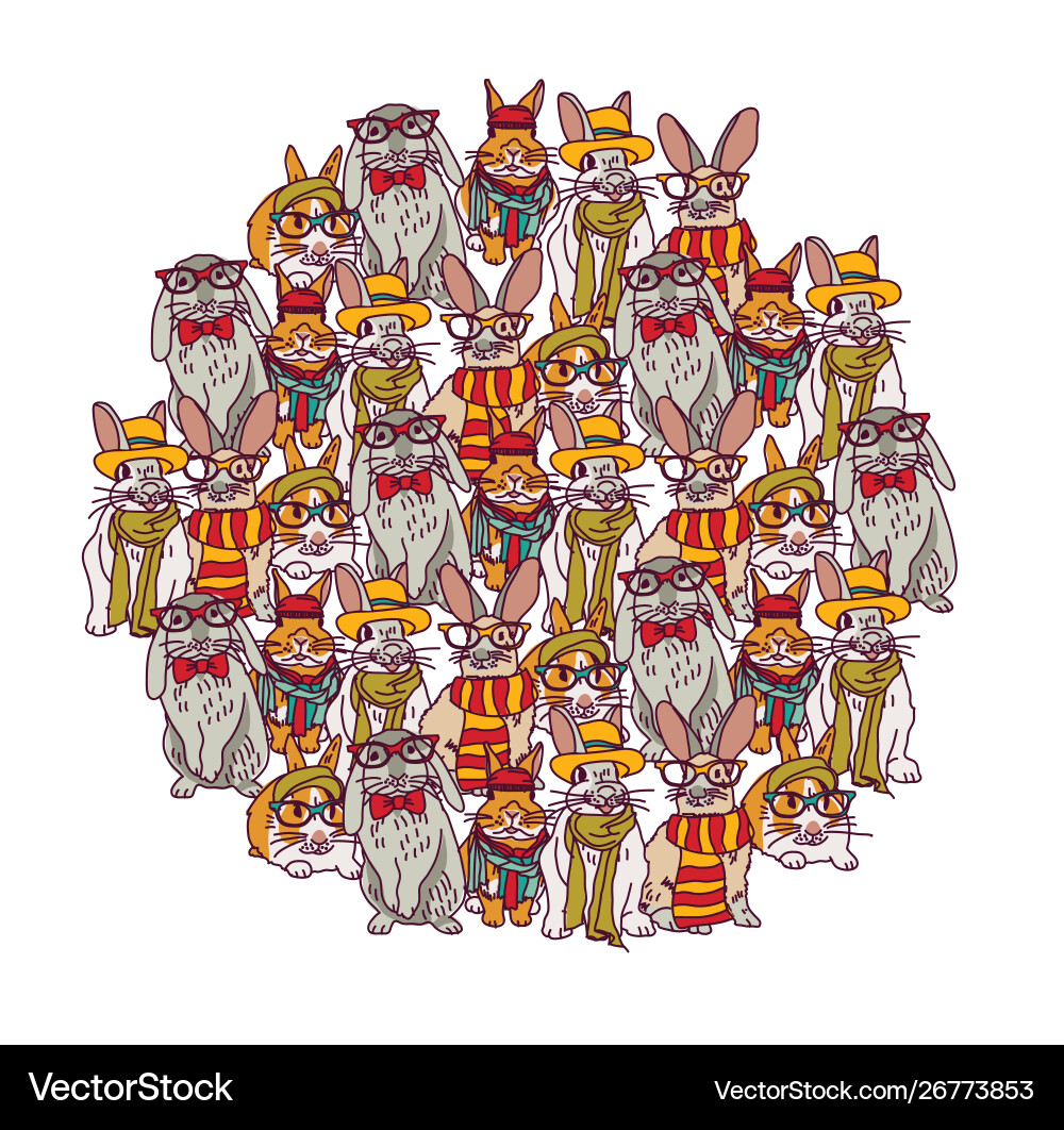 Fashion hipster rabbits group isolate on white Vector Image