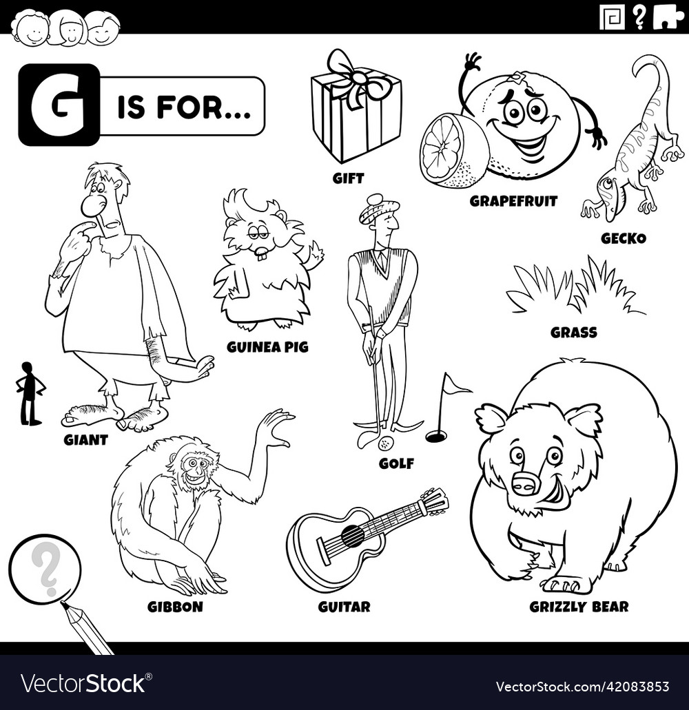 Letter g words educational set coloring book page Vector Image