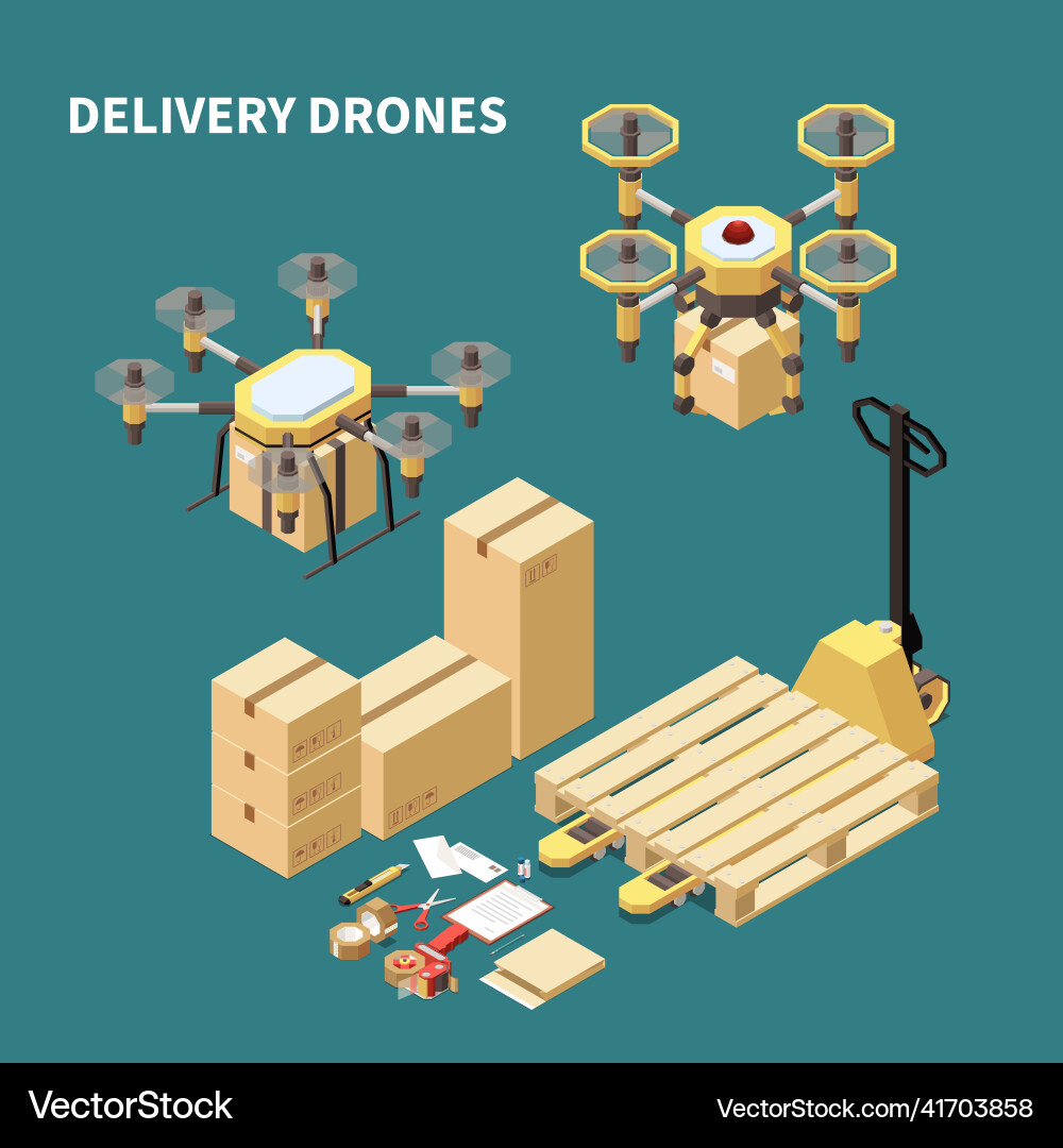 Delivery drones isometric composition Royalty Free Vector