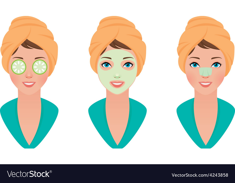 Set girl with clay mask on her face Royalty Free Vector