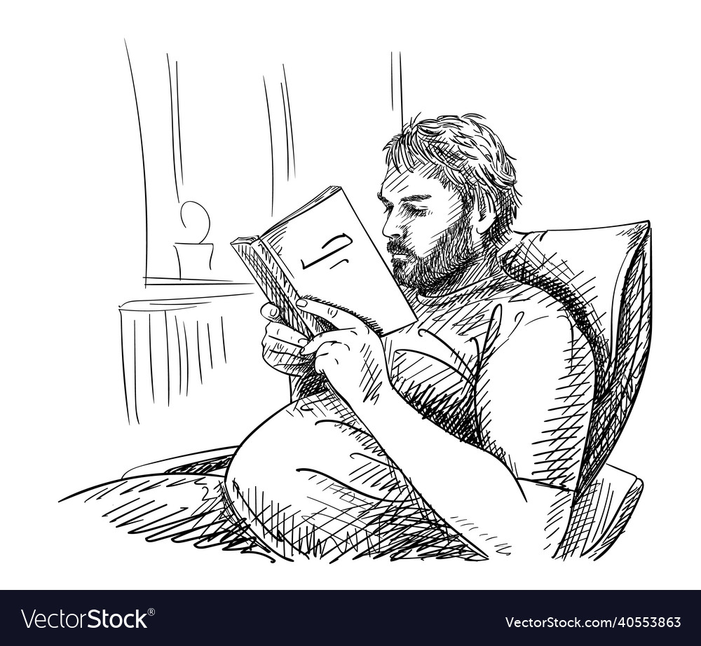 Sketch of man with beard is reading book