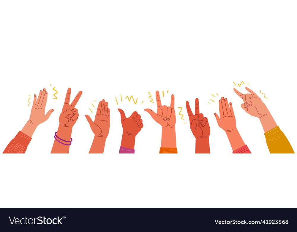 Joyful crowd raised hands gesturing their delight Vector Image