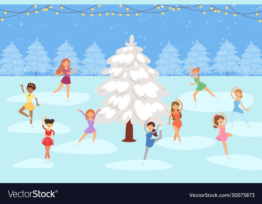 Girls figure skating on ice outdoor round snowy