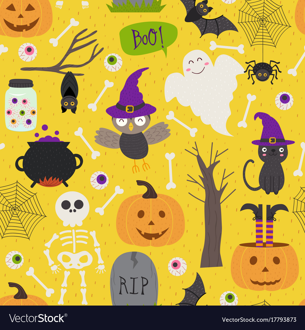 Seamless pattern with halloween elements on yellow