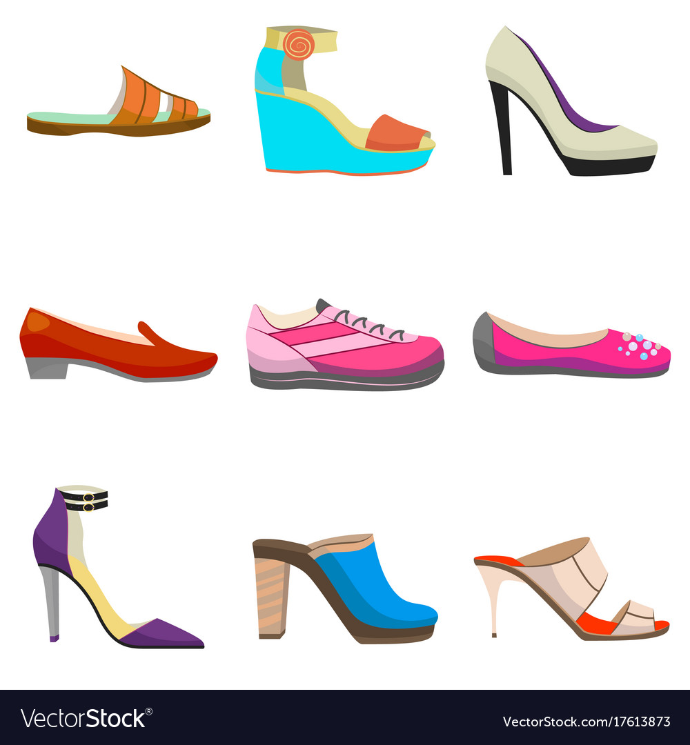 Woman colorful shoes set in cartoon style Vector Image Woman colorful shoes set in cartoon style Vector Image