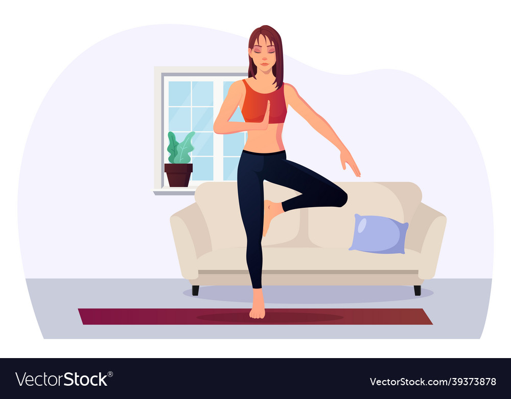 Woman in tree pose practicing yoga indoor Vector Image