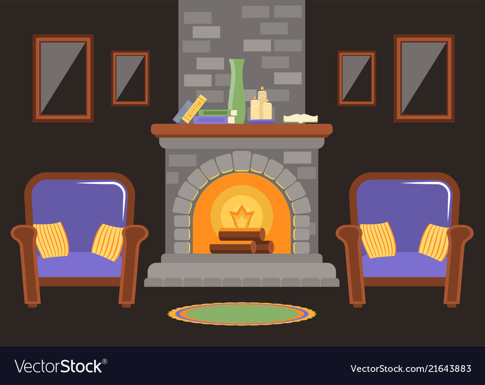 Interior Of A Living Room With A Stone Fireplace Vector Image