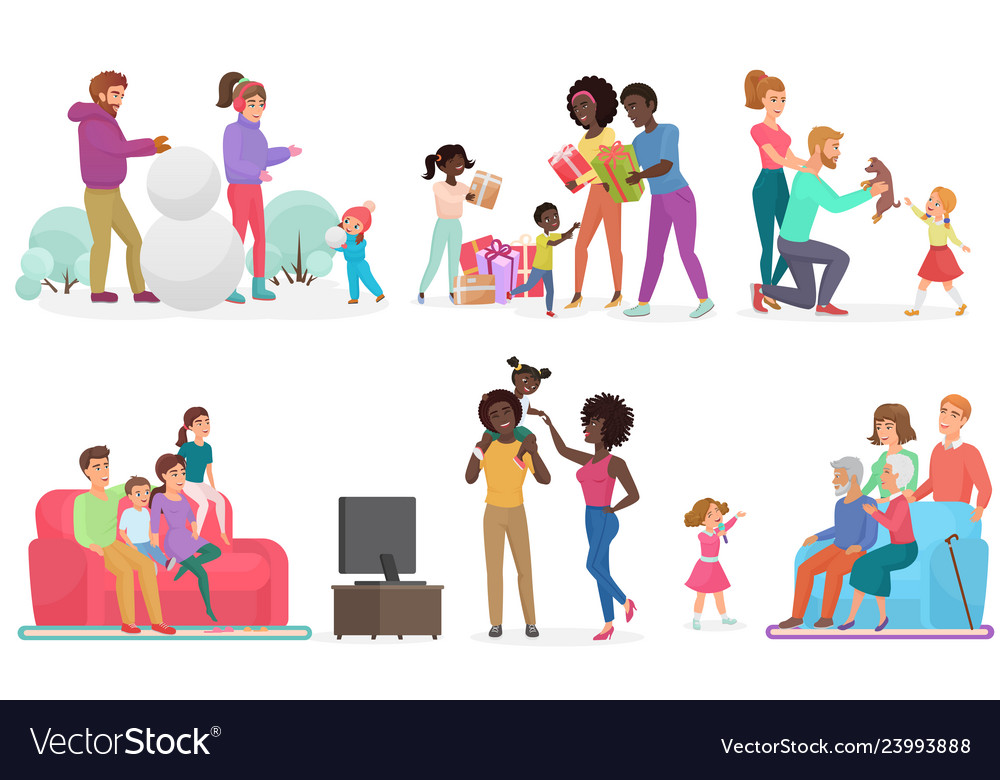 Cartoon scenes of family life set mother father