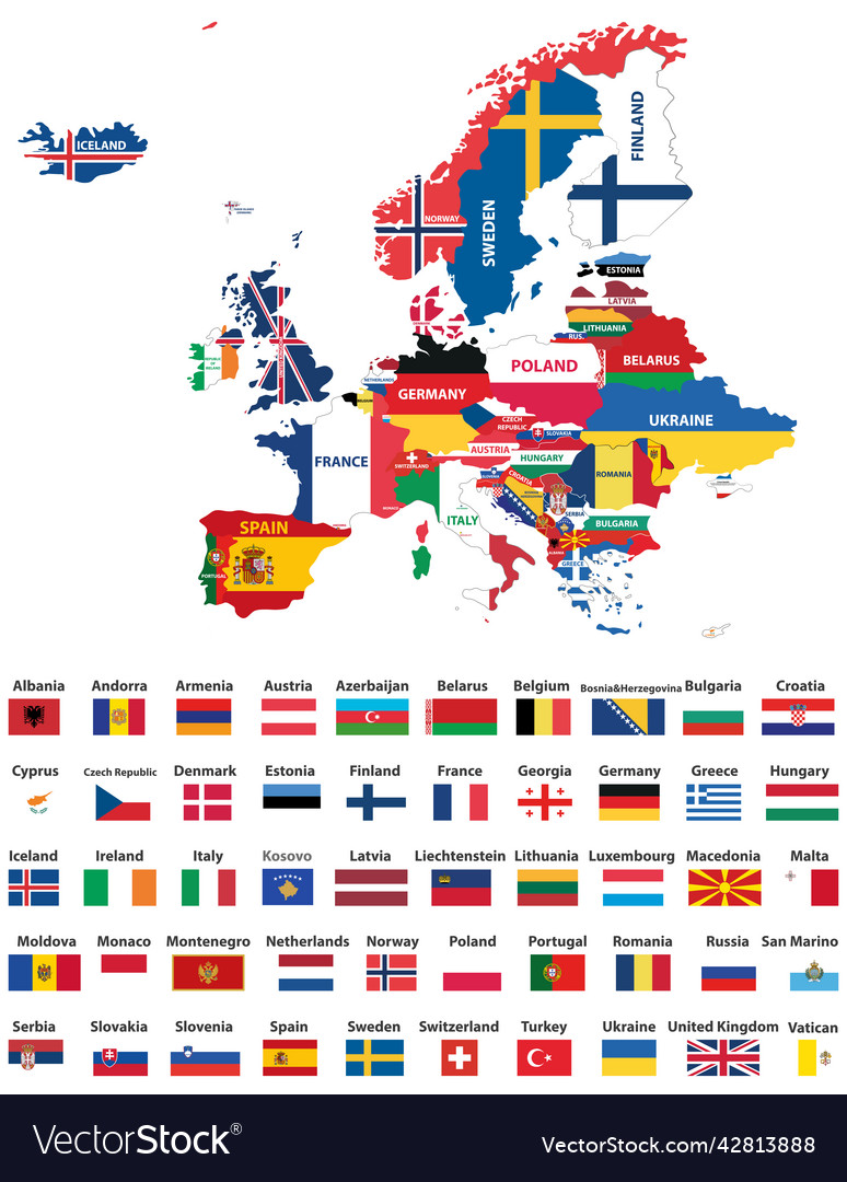 Europe map mixed with countries national flags Vector Image