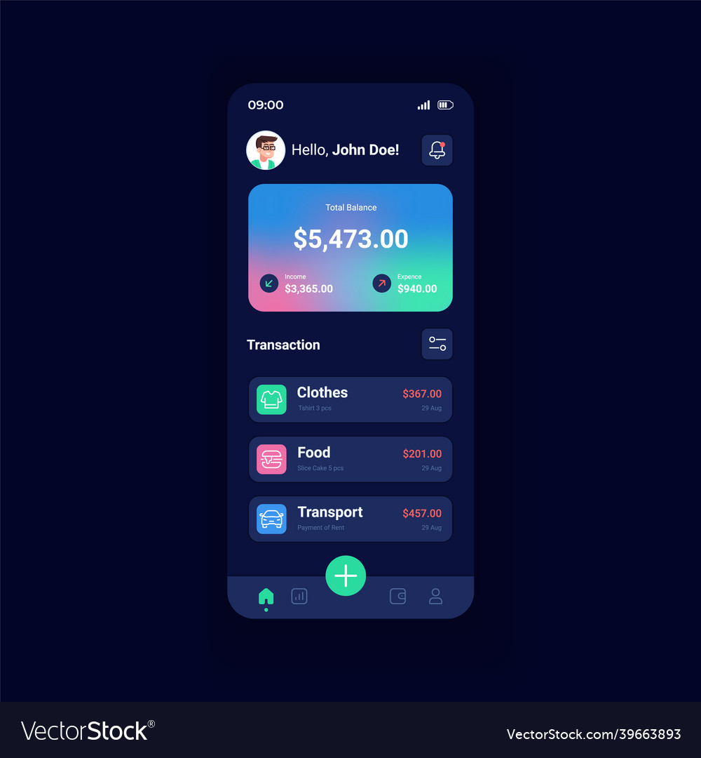 Bank account night mode smartphone interface vector image Bank account night mode smartphone interface