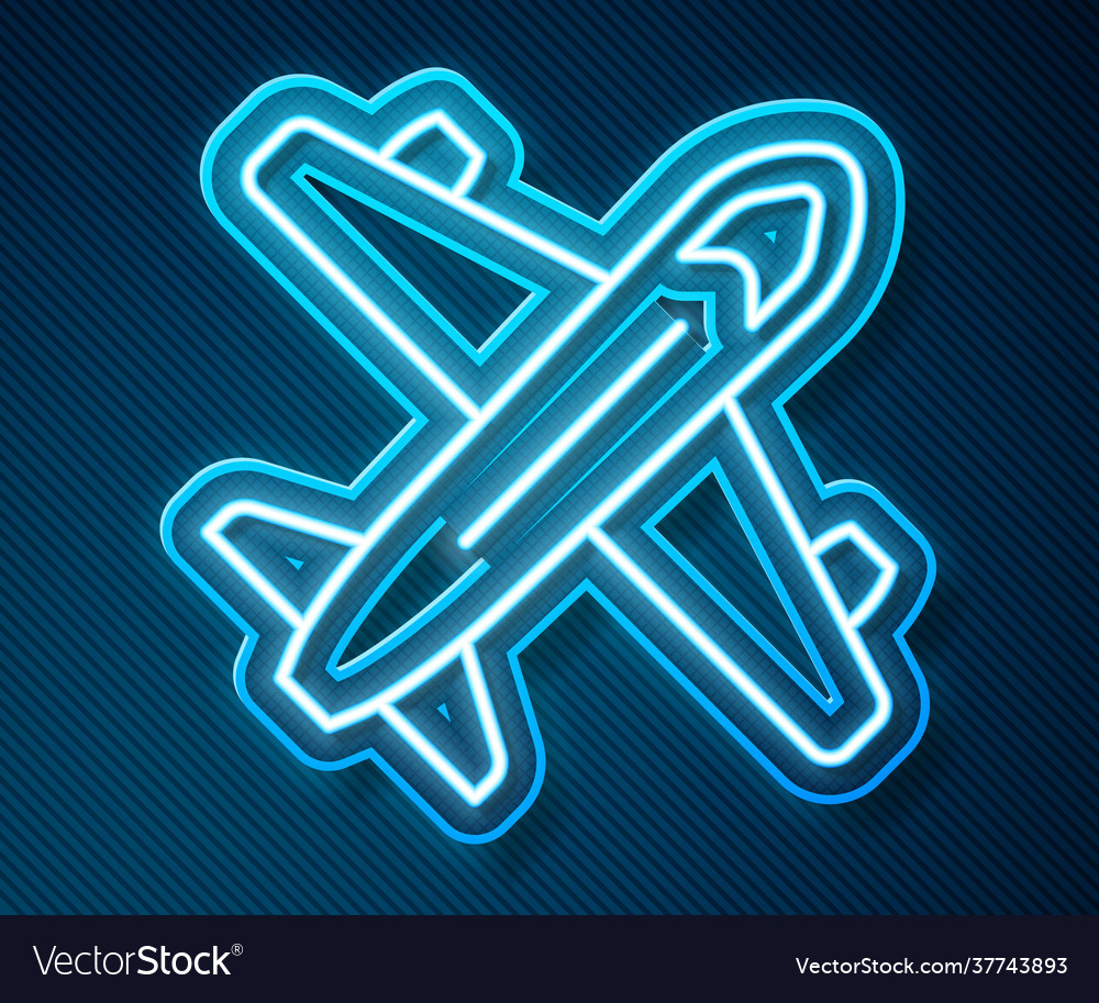 Glowing neon line plane icon isolated on blue