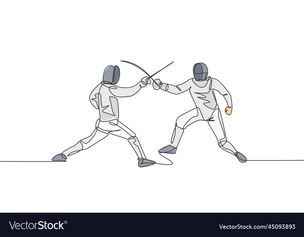 One single line drawing of two men fencer athlete Vector Image