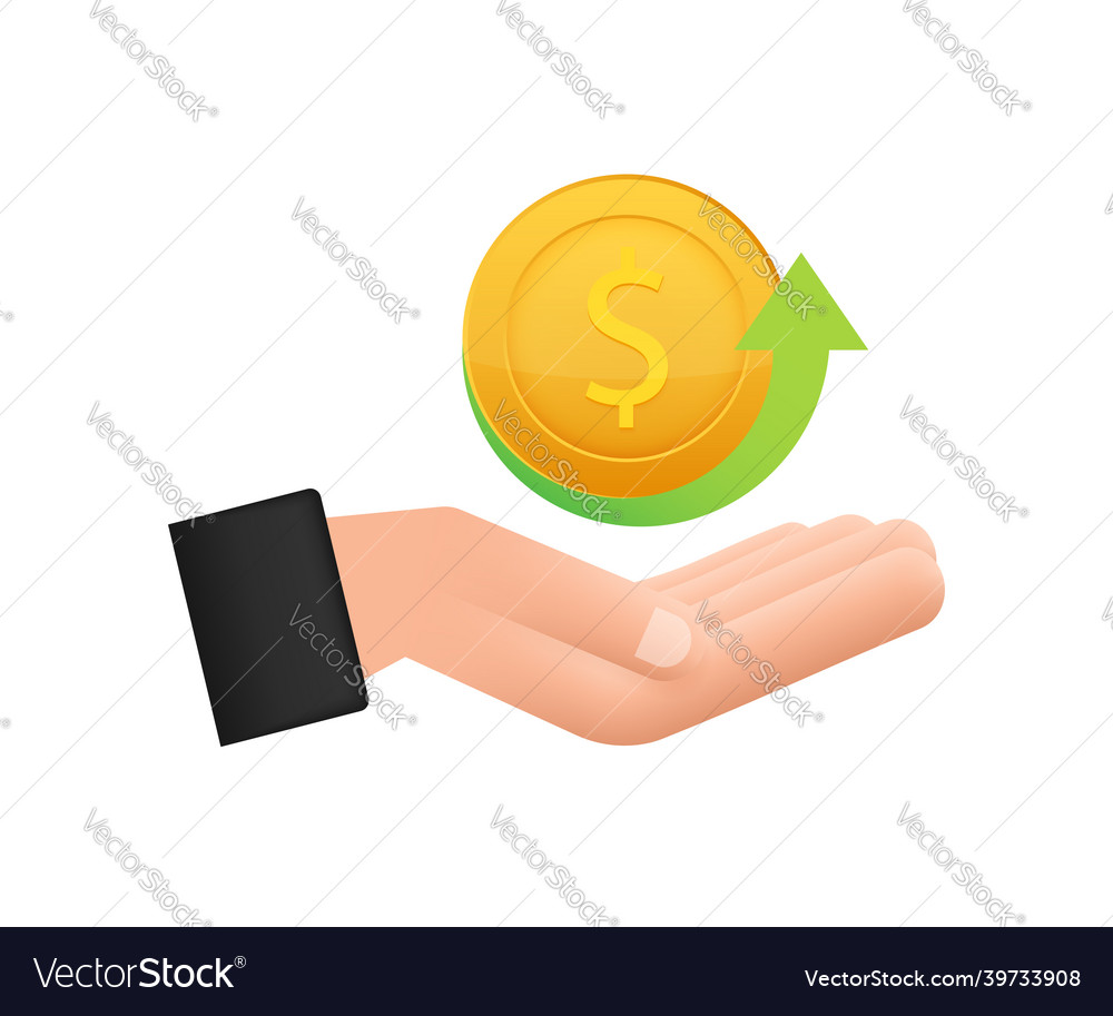 Cash back coin icon with hand isolated on white Vector Image