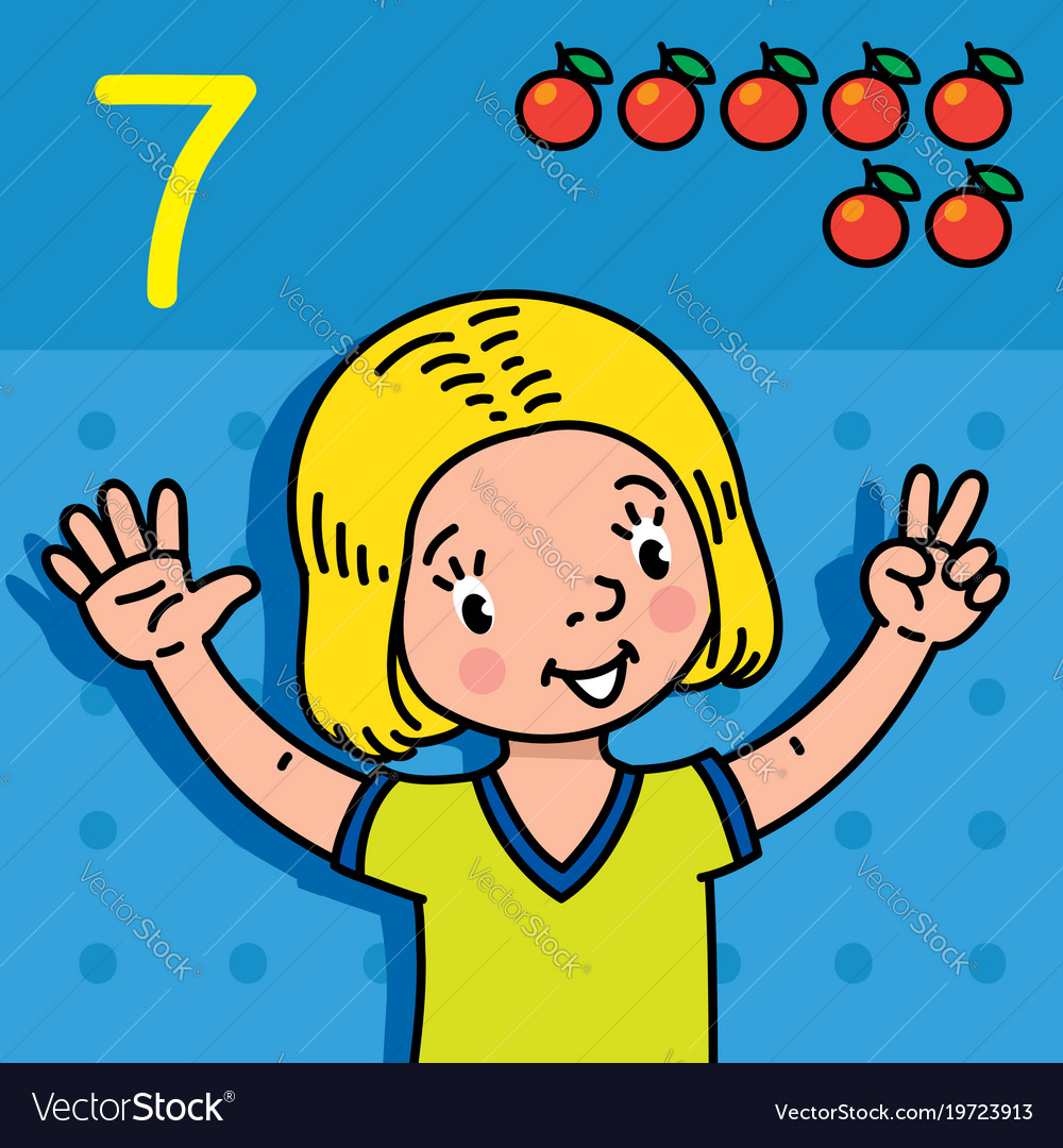 Girl showing seven by hand counting education card