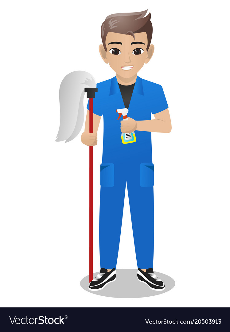 Male office boy holding mop and spray Royalty Free Vector